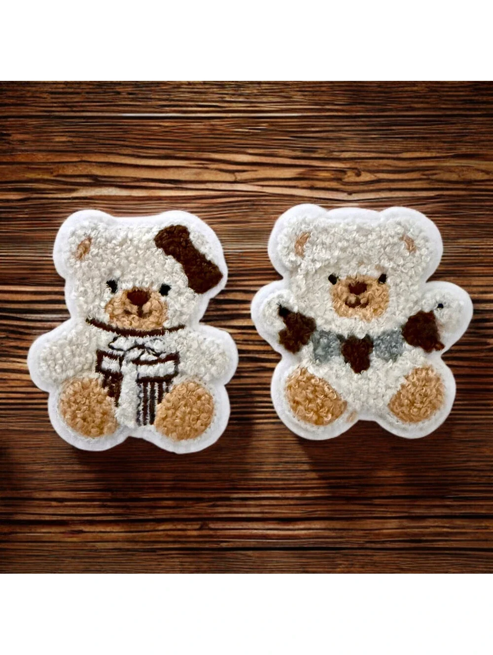 Iron On Patch Set - Chenille Teddy Bear Brown and White Birthday 3D Fluffy